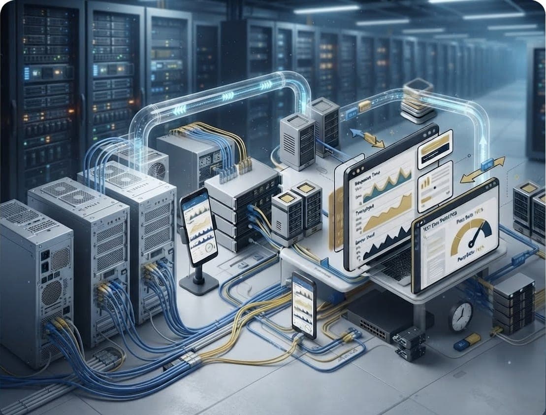 Illustration of server racks connected to tablets and dashboards showing application performance metrics.